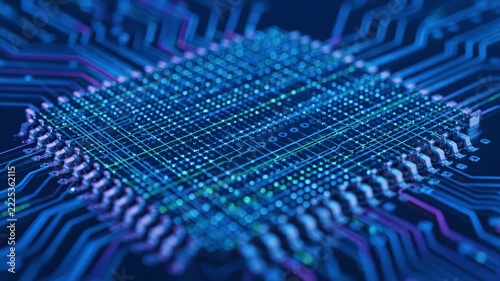 Abstract glowing microchip with intricate data pathways, representing digital technology.