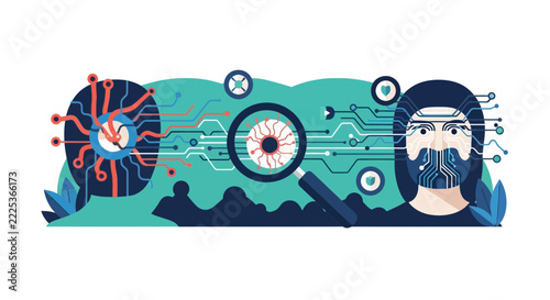 AI Facial Recognition and Biometric Identification Flat Vector Illustration