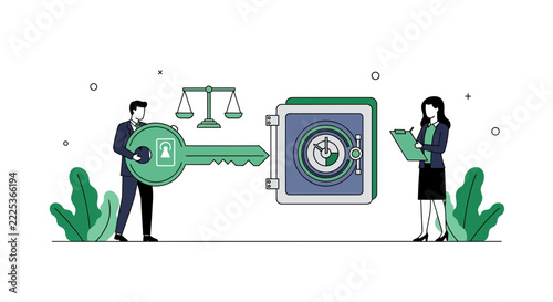 Business Professionals Securing Vault with Giant Key and Justice Scales for Legal Security Concept