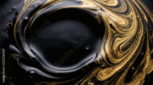 Abstract Swirl Background of Mixing Liquid Metallic Gold and Glossy Black Paint