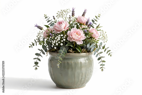 Vibrant pink roses and fresh spring flowers arranged in a beautiful glass vase on an isolated white background
