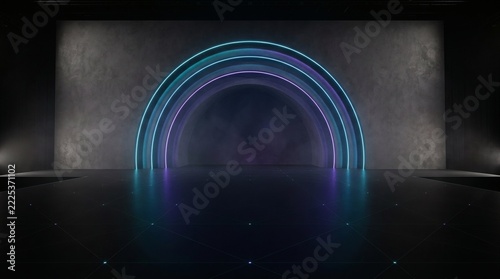 Futuristic Cyberpunk Stage Backdrop with Glowing Neon Arches and Reflective Floor