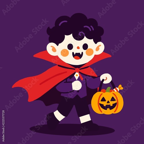 Cute Vampire Boy with Pumpkin Candy Bucket Halloween Illustration
