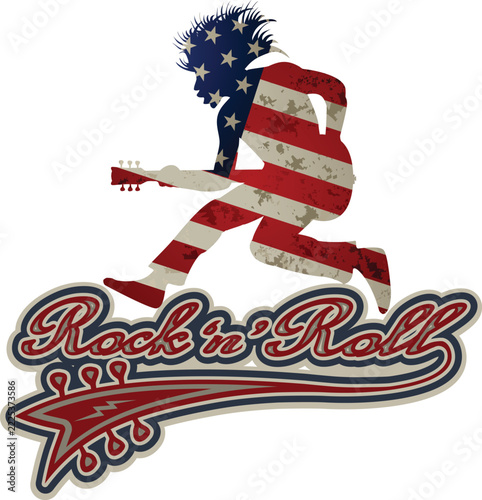 Rock 'n' roll - banner, logo, emblem, label or design element. Creative lettering with an electric guitar.