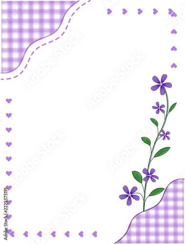 Purple checkered corner border with floral vine and heart pattern on a white background