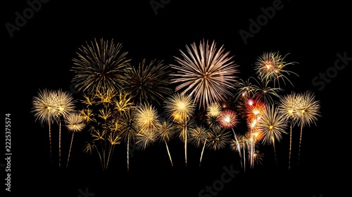 Fireworks of various colors and shapes burst in night sky