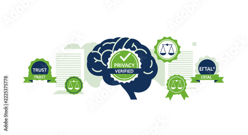 Data Privacy and Ethical AI Compliance Concept Illustration with Human Brain and Trust Seals
