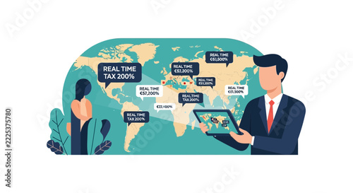 Global Real-Time Tax Monitoring Illustration with Businessman Using Tablet and World Map Background