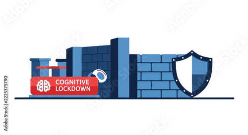 Cognitive Lockdown Cybersecurity Vector Illustration with Shield and Wall
