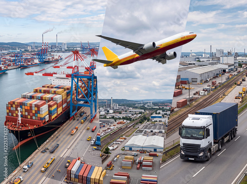 Collage von Transportmittel für den weltweiten Warentransport