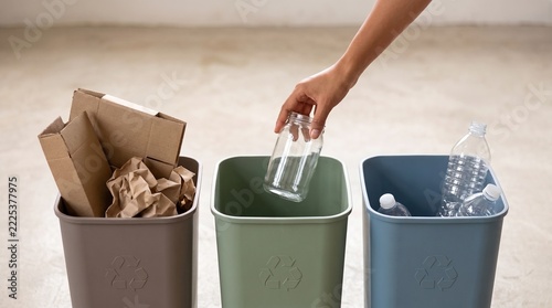 Close Up of Hand Putting Glass Jar into Green Recycling Bin for Household Waste Sorting Concept