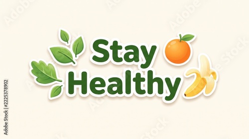 Stay Healthy message with fresh fruit and leaves