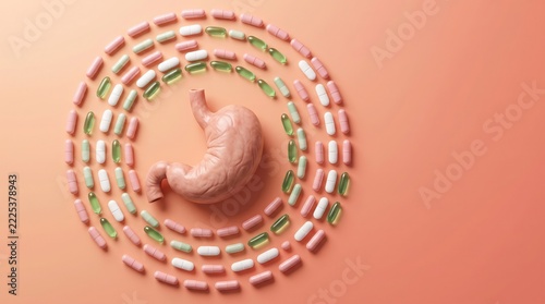 Stomach Model Surrounded by Health Supplements and Pills
