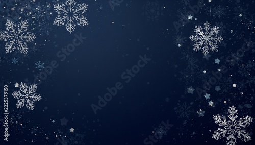Silver snowflakes with bokeh lights on dark winter background