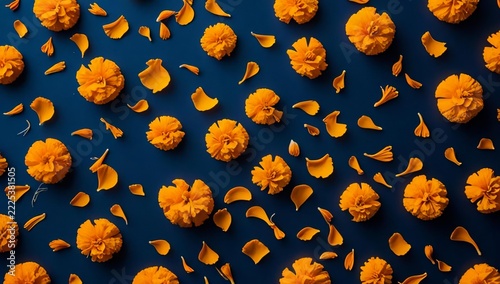 Vibrant Orange Marigold Flowers And Petals On Blue Background Marigold