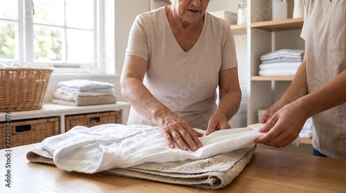Senior and Caregiver Folding Laundry Together for Independent Daily Living