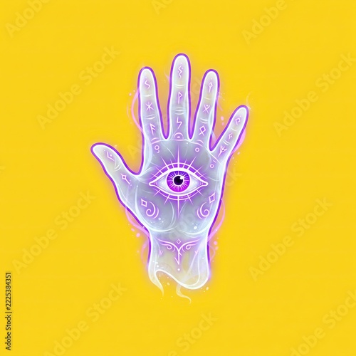 Spooky halloween magic hand with glowing purple eye on yellow 