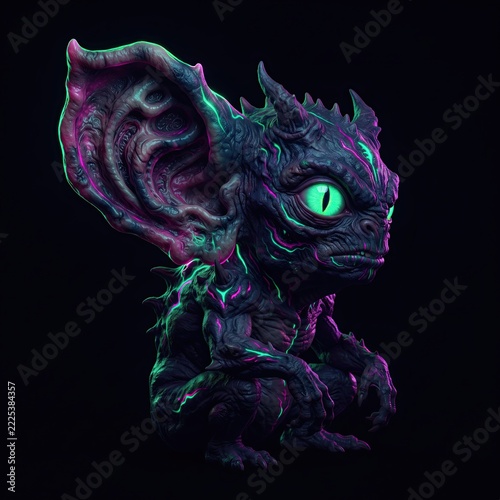 Creepy dark gremlin monster character with huge ear and glowing eye