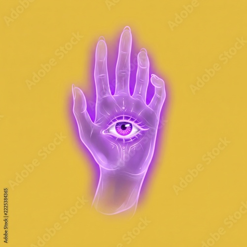 Magic glowing hamsa hand with mystical eye on gold backdrop 