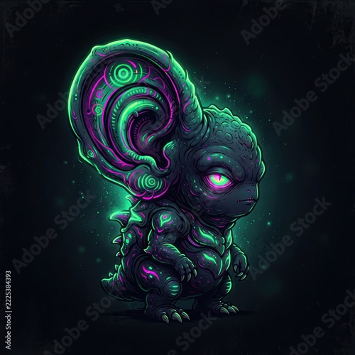 Small halloween goblin monster with huge bat ear and neon lighting