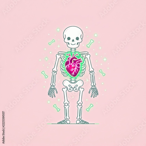 Chibi skeleton monster character with a big pink heart 