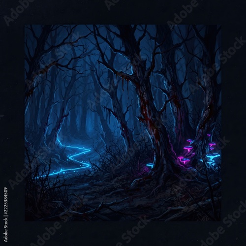 Mysterious dark forest path arched by glowing neon blue bare trees