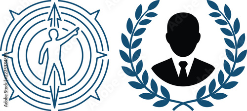 Employee silhouette with victory gesture inside a laurel wreath and target icon design