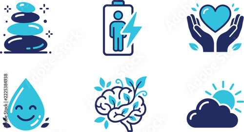 Employee wellness vector icons set with balanced stones, heart, and energy symbol design