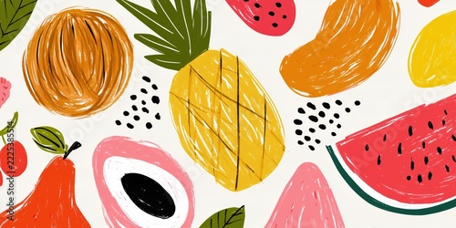 Bright set of fruits and berries with colorful brush strokes in flat style