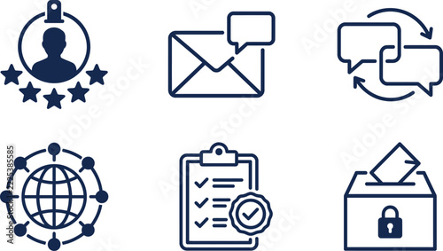 Executive icon set with network, mail, checklist, and security symbols featuring business