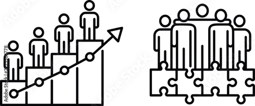 Growth chart icons depicting team progress and upward trends featuring business, development