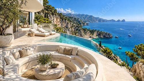 Curved terrace lounge and infinity pool overlook the coast of Capri in daylight