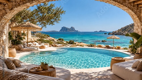 Stone arch frames pool and sea at a resort on the Greek island of Mykonos