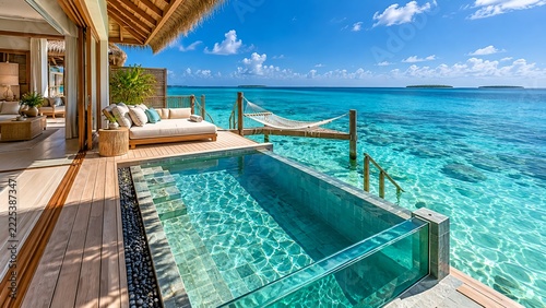 Overwater villa deck with a glass-sided pool overlooking the Indian Ocean