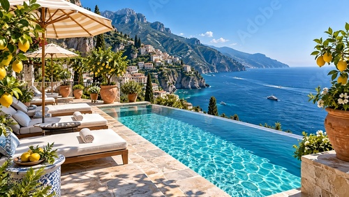 Swimming pool terrace overlooking the sea and hillside homes on the Amalfi Coast