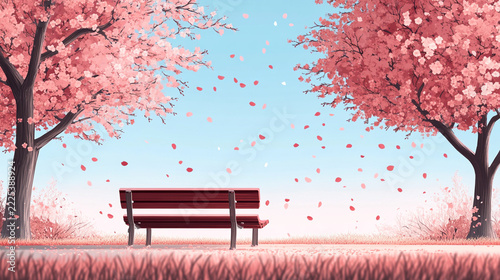 Peaceful park bench under blooming cherry blossom trees with falling pink petals in spring vector illustration