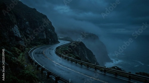 Winding Wet Highway Along Misty Ocean Cliffs at Twilight