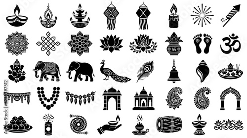 Large Collection of Black Diwali Silhouette Icons with Traditional Indian Festival Symbols