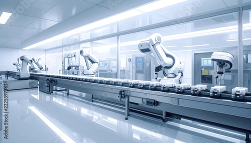Robotic arms working on an automated assembly line in a futuristic cleanroom factory, symbolizing efficiency and advanced manufacturing.