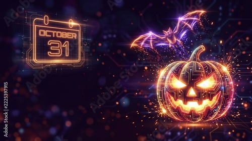 Glowing neon pumpkin and bat with an October 31 calendar on a purple circuit background for a futuristic Halloween