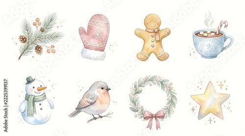 Watercolor christmas icons set with gingerbread man snowman pine