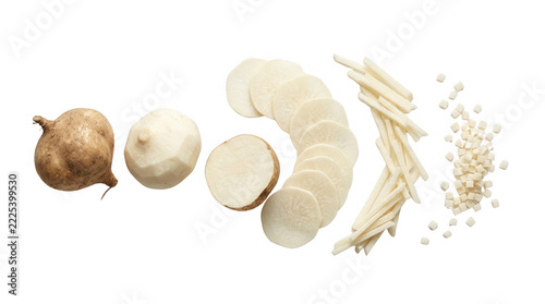 Varieties of Raw Daikon Radish Cut in Different Shapes, featuring vegetable, healthy, food, sliced, chunks, fresh, organic, cuisine, nutrition, ingredient