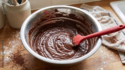 Homemade chocolate cake batter being mixed in a bowl with a spatula