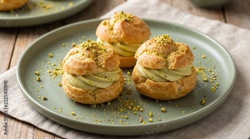 Delicious choux pastry with pistachio cream for dessert or special