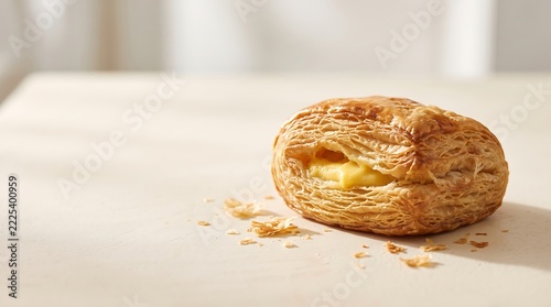 Close-up of a custard-filled puff pastry on a light surface for