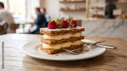 Delicious mille-feuille pastry with whipped cream and fresh