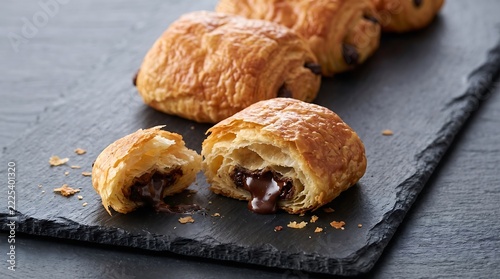 Fresh pain au chocolat pastries arranged on black slate for breakfast