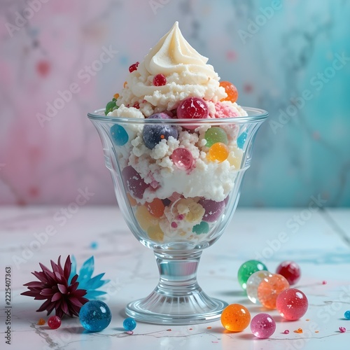 A tall glass topped with a swirl of whipped cream and bright multi-colored ball candies.