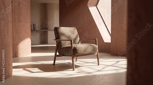 Modern Minimalist Armchair in a Warm Earthy Sunlit Architectural Interior Space