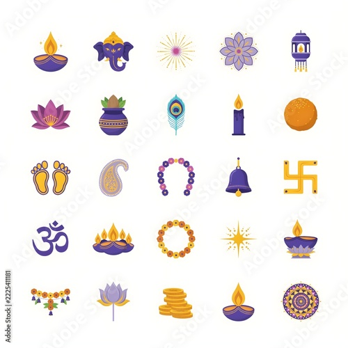 Premium Indian Festival of Lights Icon Collection with Purple Diyas, Ganesha and Golden Fireworks